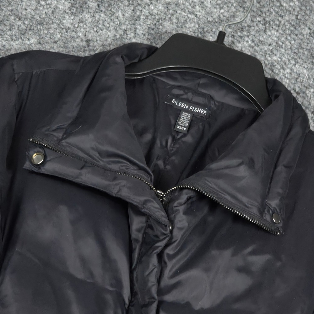 Eileen Fisher‎ 80/20 Down Feather Puffer Coat XS Black Knee Length Full Zip Snap